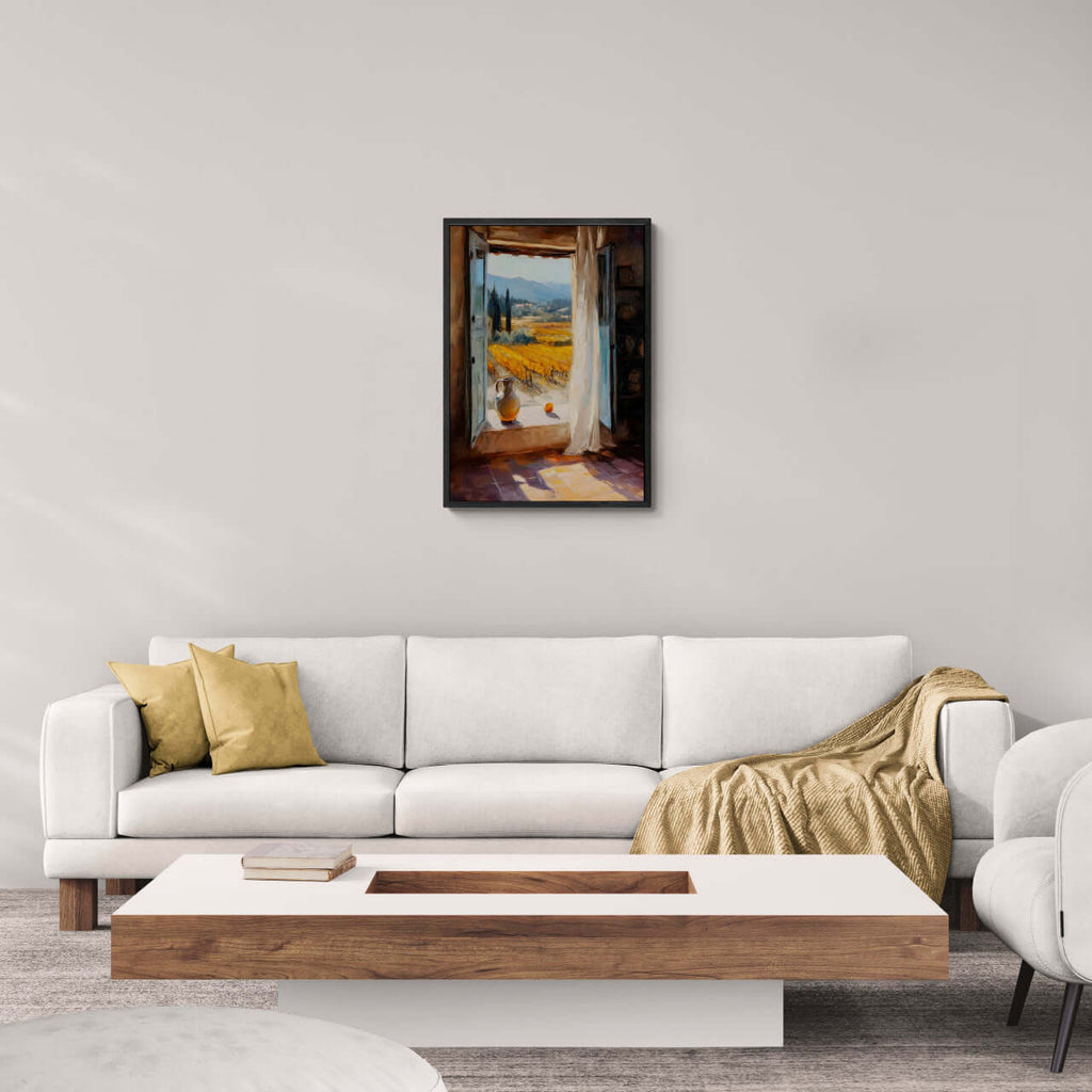 Window to the Vines - Poster hung in a modern living room, showcasing vibrant vineyards and distant hills.