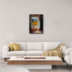 Window to the Vines - Poster hung in a modern living room, showcasing vibrant vineyards and distant hills.