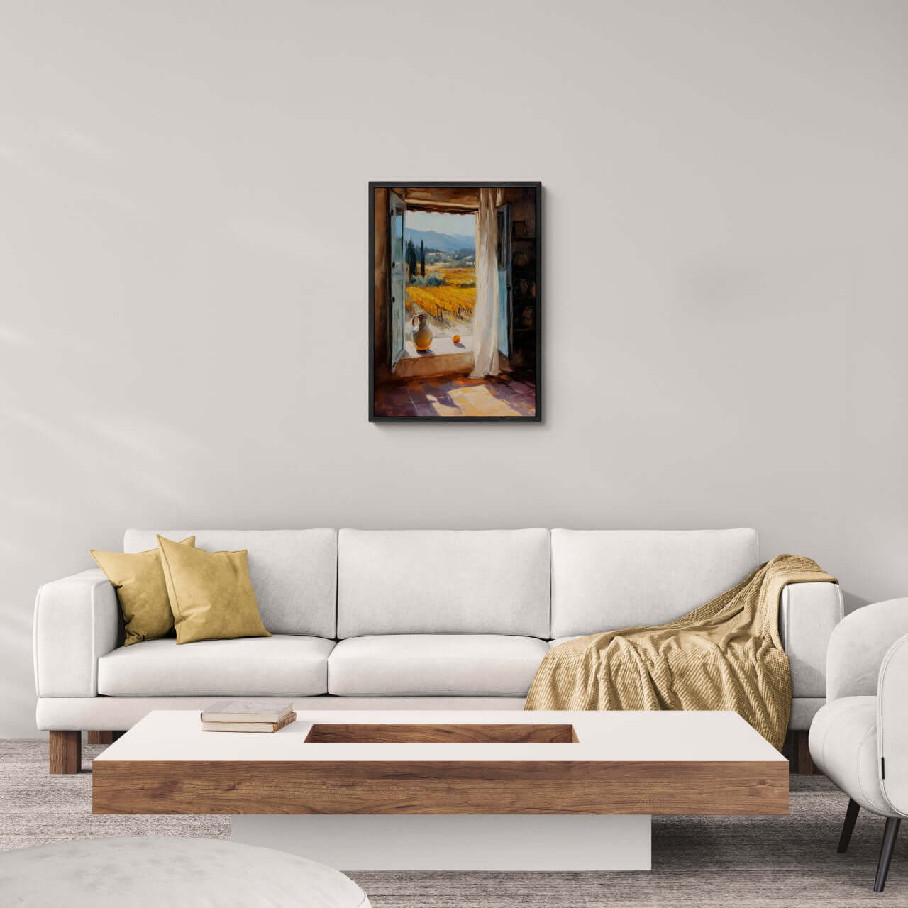 Window to the Vines - Poster hung in a modern living room, showcasing vibrant vineyards and distant hills.