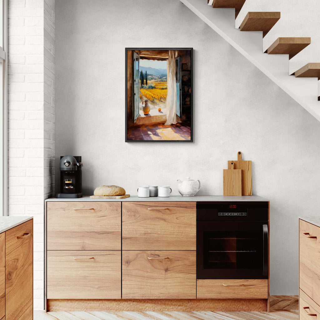Window to the Vines - Poster in a kitchen setting, showcasing wall art with a warm Tuscan view.