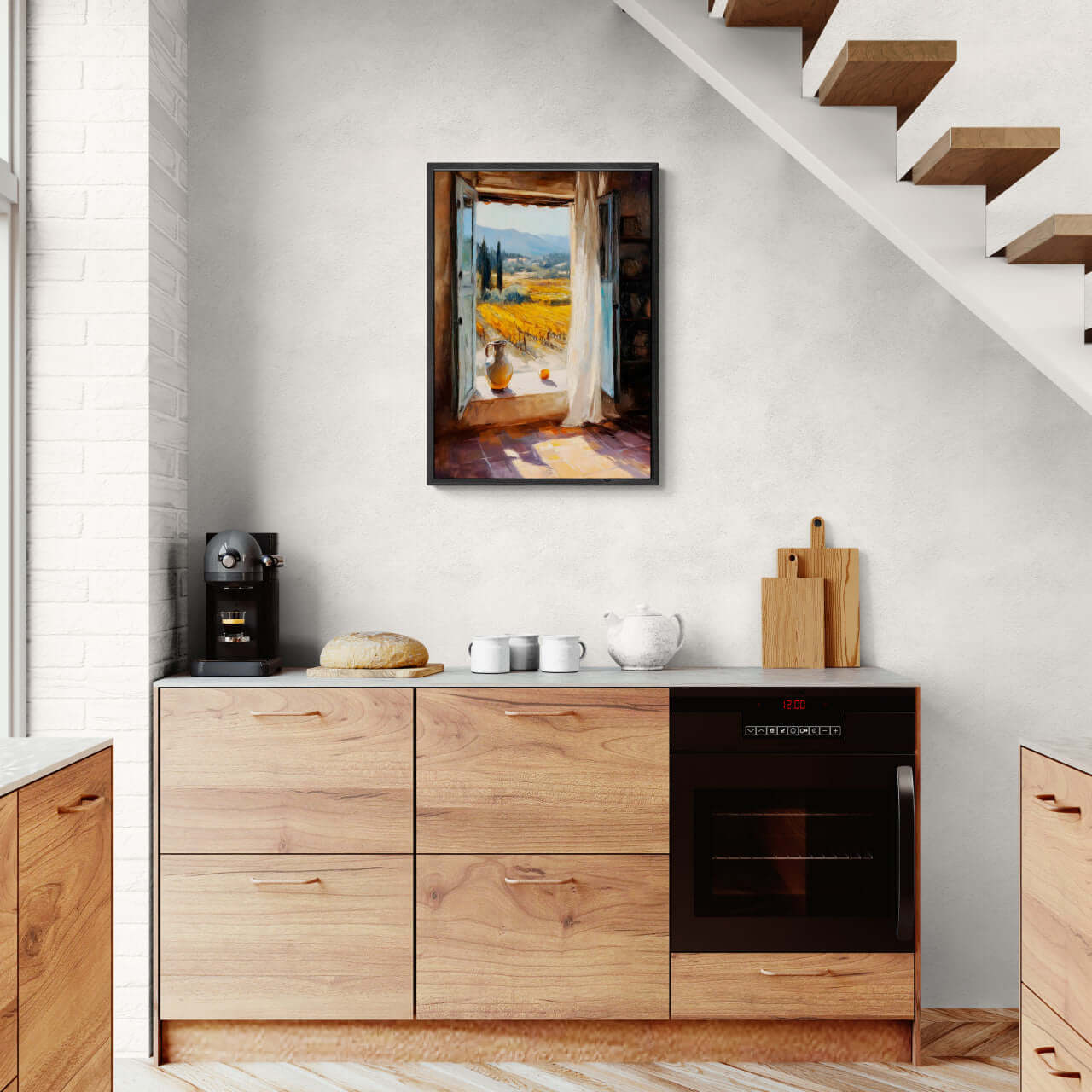 Window to the Vines - Poster in a kitchen setting, showcasing wall art with a warm Tuscan view.