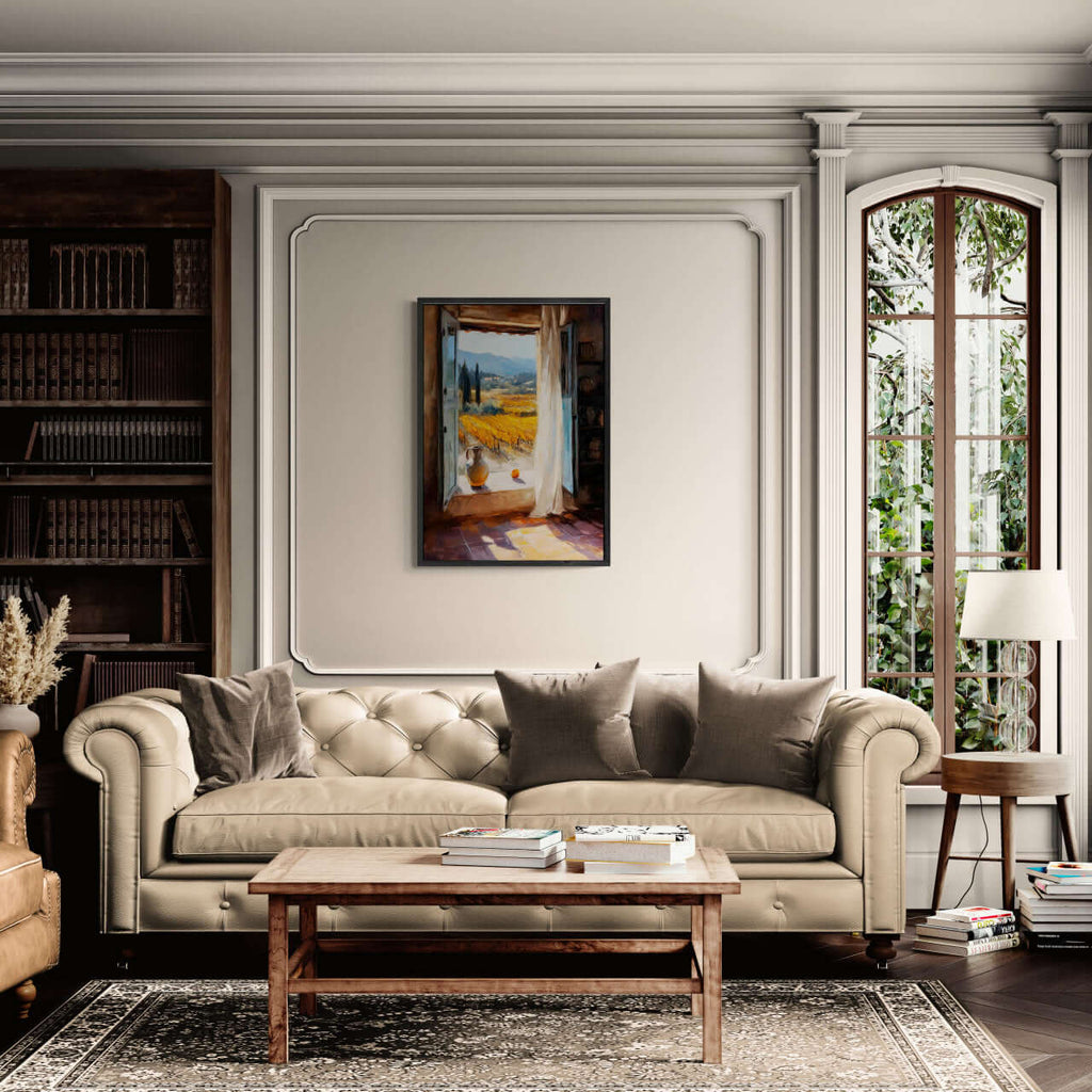 Window to the Vines - Poster displayed in a cozy living room with a stylish beige sofa and elegant decor.