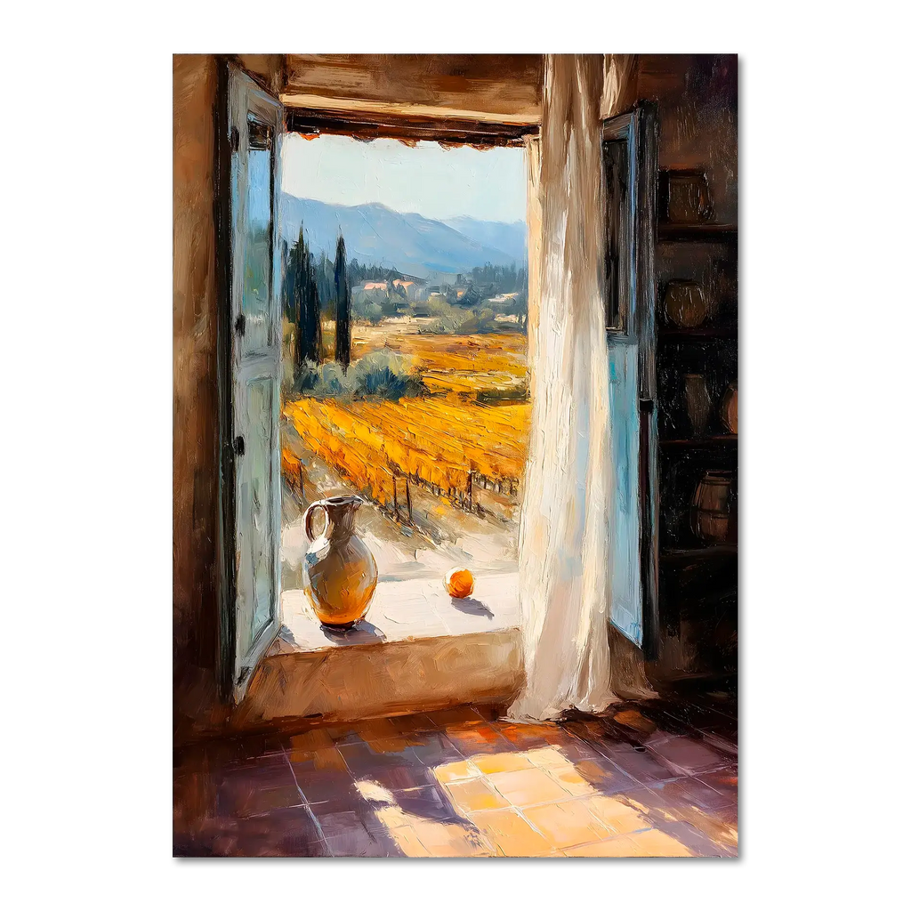 Window to the Vines - Poster showcasing a Tuscan view with vineyards, ceramic jug, and orange on a sunlit windowsill.