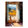 Window to the Vines - Poster showcasing a Tuscan view with vineyards, ceramic jug, and orange on a sunlit windowsill.