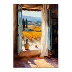 Window to the Vines - Poster showcasing a Tuscan view with vineyards, ceramic jug, and orange on a sunlit windowsill.