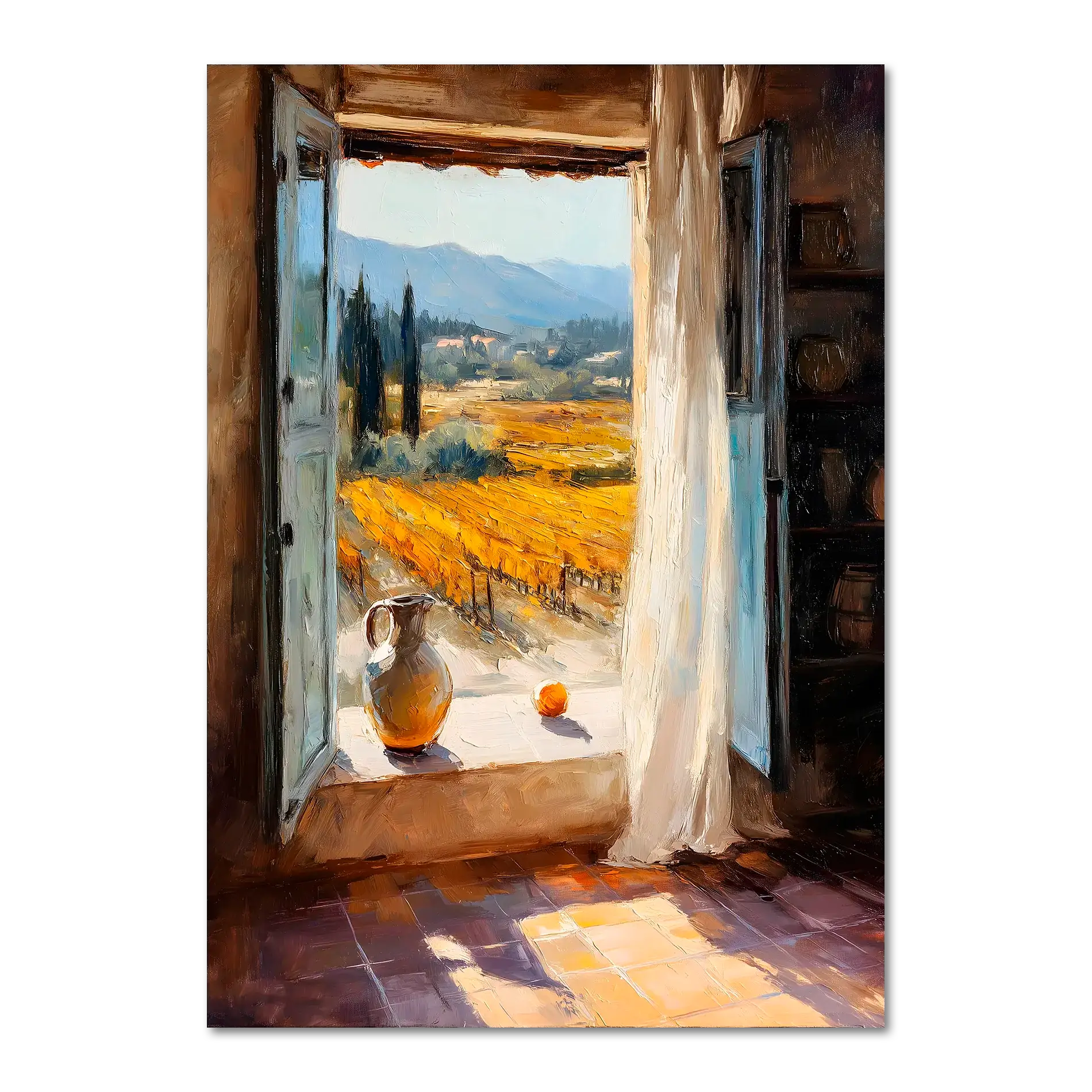 Window to the Vines - Poster showcasing a Tuscan view with vineyards, ceramic jug, and orange on a sunlit windowsill.