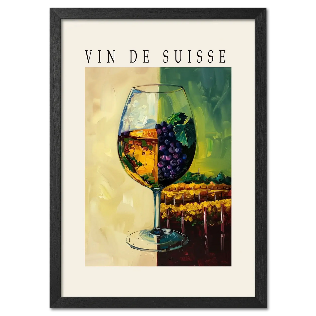 Wine is the blessing of the earth - Poster featuring a split wine glass with golden wine and ripe grapes.