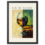 Wine is the blessing of the earth - Poster featuring a split wine glass with golden wine and ripe grapes.