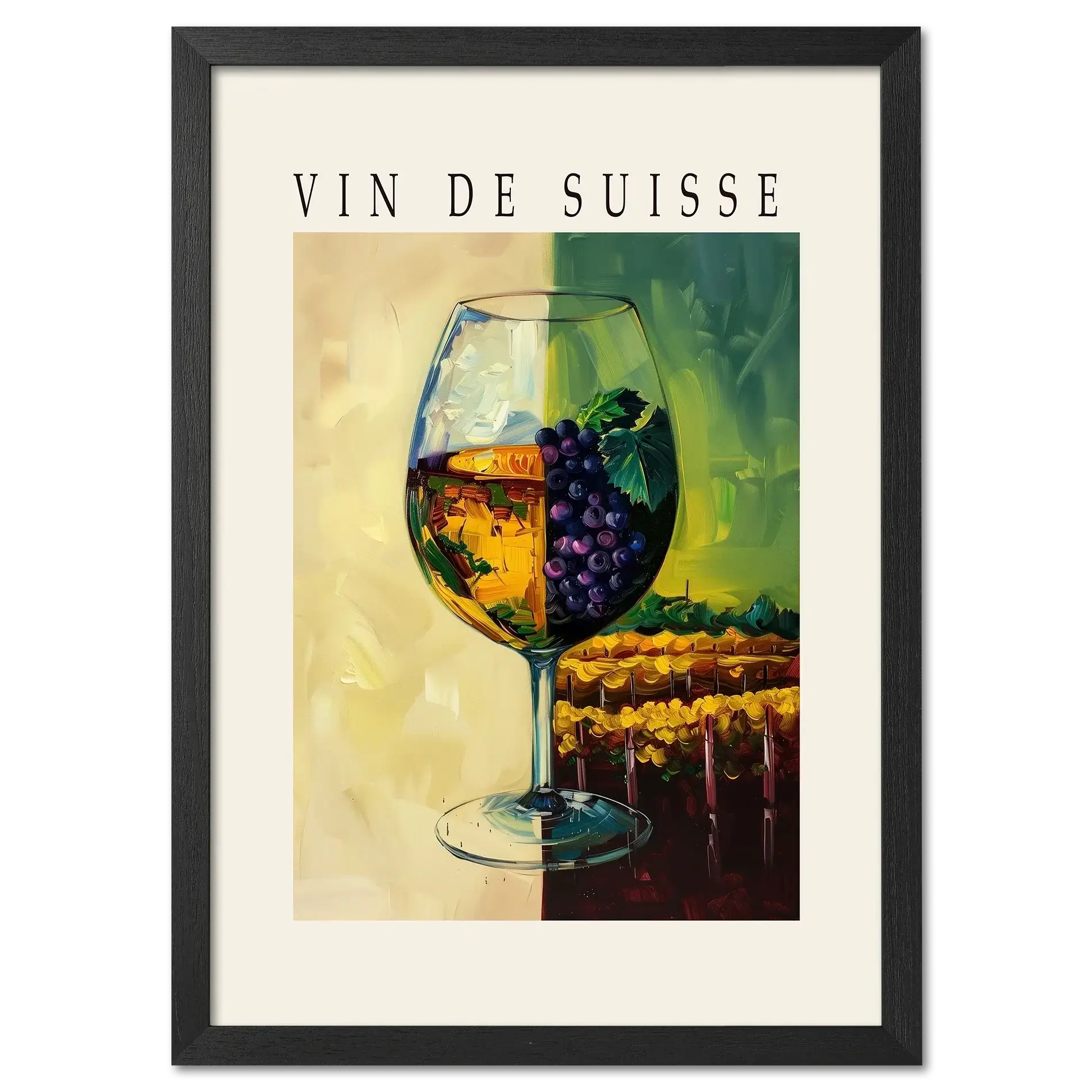 Wine is the blessing of the earth - Poster featuring a split wine glass with golden wine and ripe grapes.