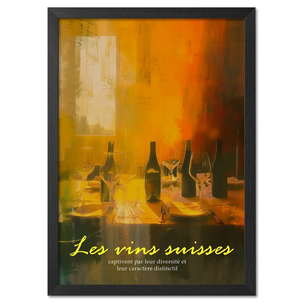 Wine evening - Poster showcasing shadowy wine bottles and glasses on a warm, glowing table.