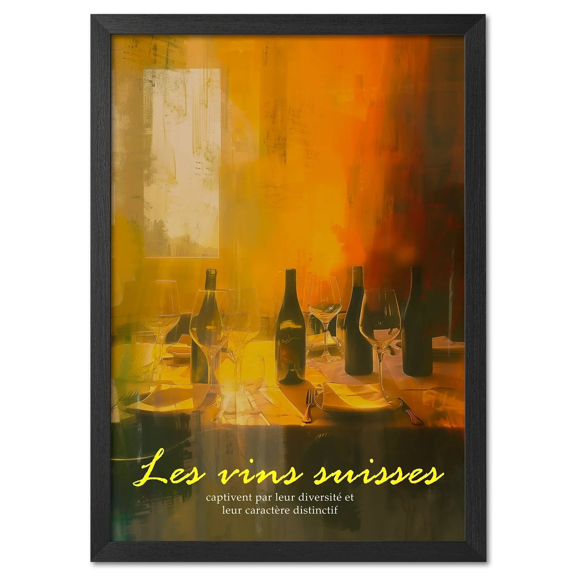 Wine evening - Poster showcasing shadowy wine bottles and glasses on a warm, glowing table.
