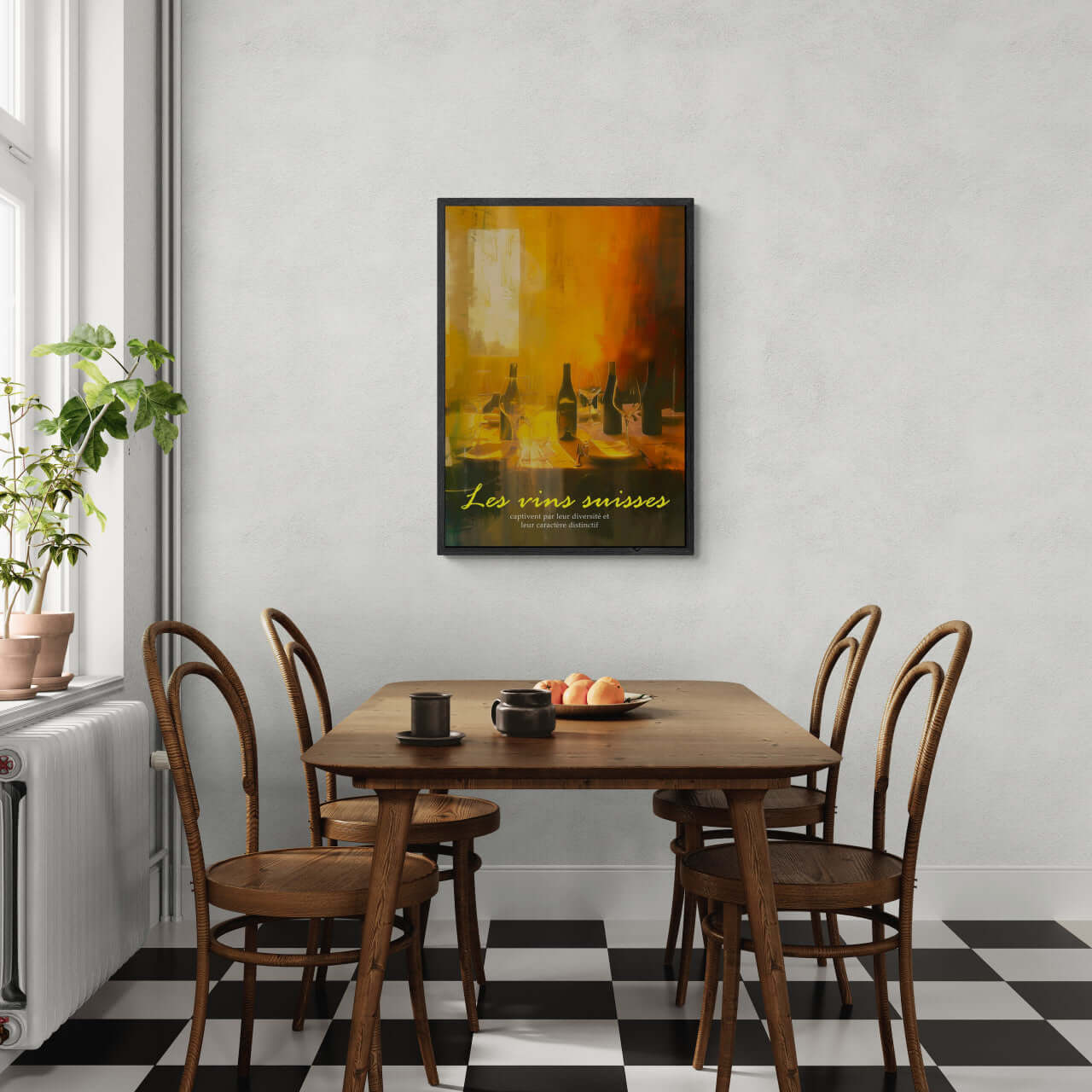 Wine evening - Poster in a cozy dining room, featuring warm colors and wine bottles, perfect for wall art on Alu-Dibond.