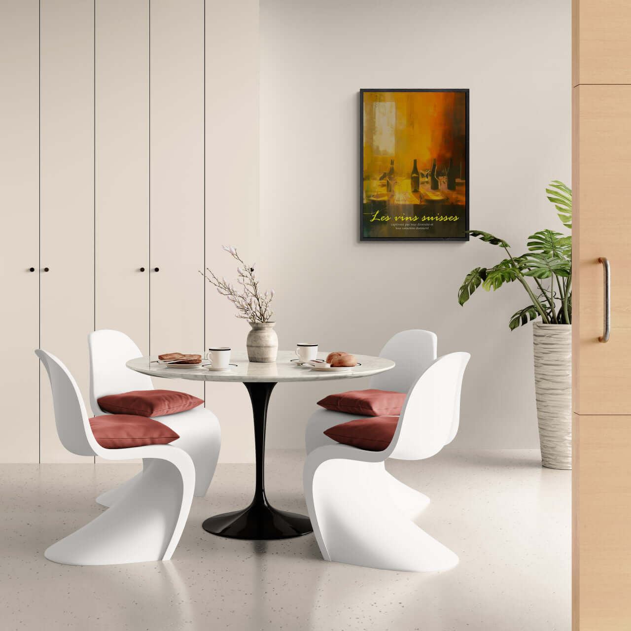 Wine evening - Poster displayed in a modern dining area with a round table and white chairs.