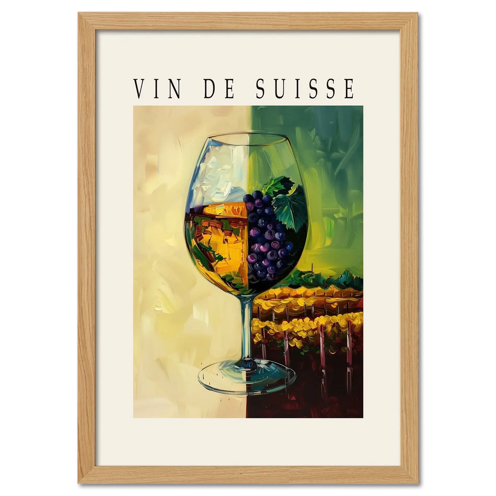 Wine is the blessing of the earth - Poster featuring a wine glass with grapes and vineyard, vintage style. Vin de Suisse.