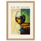 Wine is the blessing of the earth - Poster featuring a wine glass with grapes and vineyard, vintage style. Vin de Suisse.