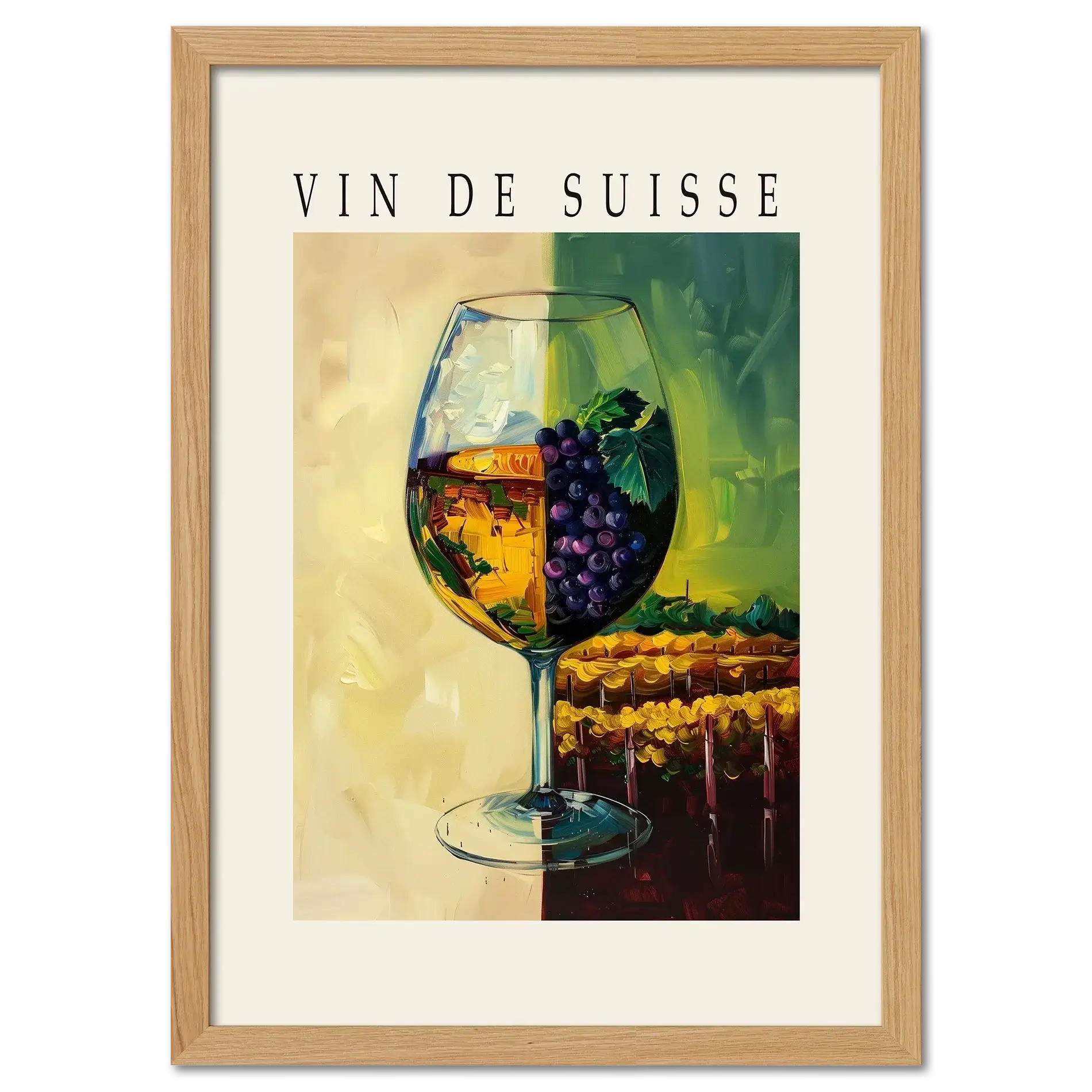 Wine is the blessing of the earth - Poster featuring a wine glass with grapes and vineyard, vintage style. Vin de Suisse.
