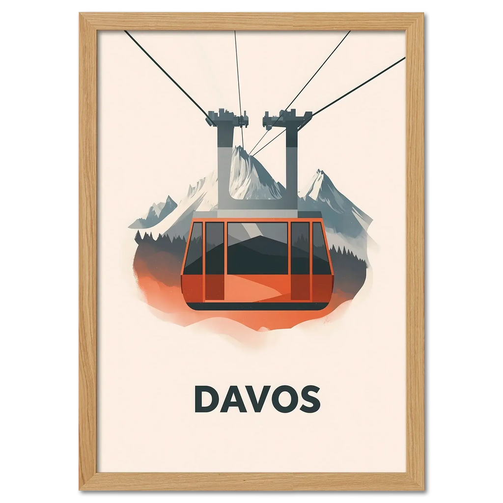 Winter Elegance of Davos - Poster featuring a bold cable car above Alpine mountains.