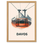 Winter Elegance of Davos - Poster featuring a bold cable car above Alpine mountains.