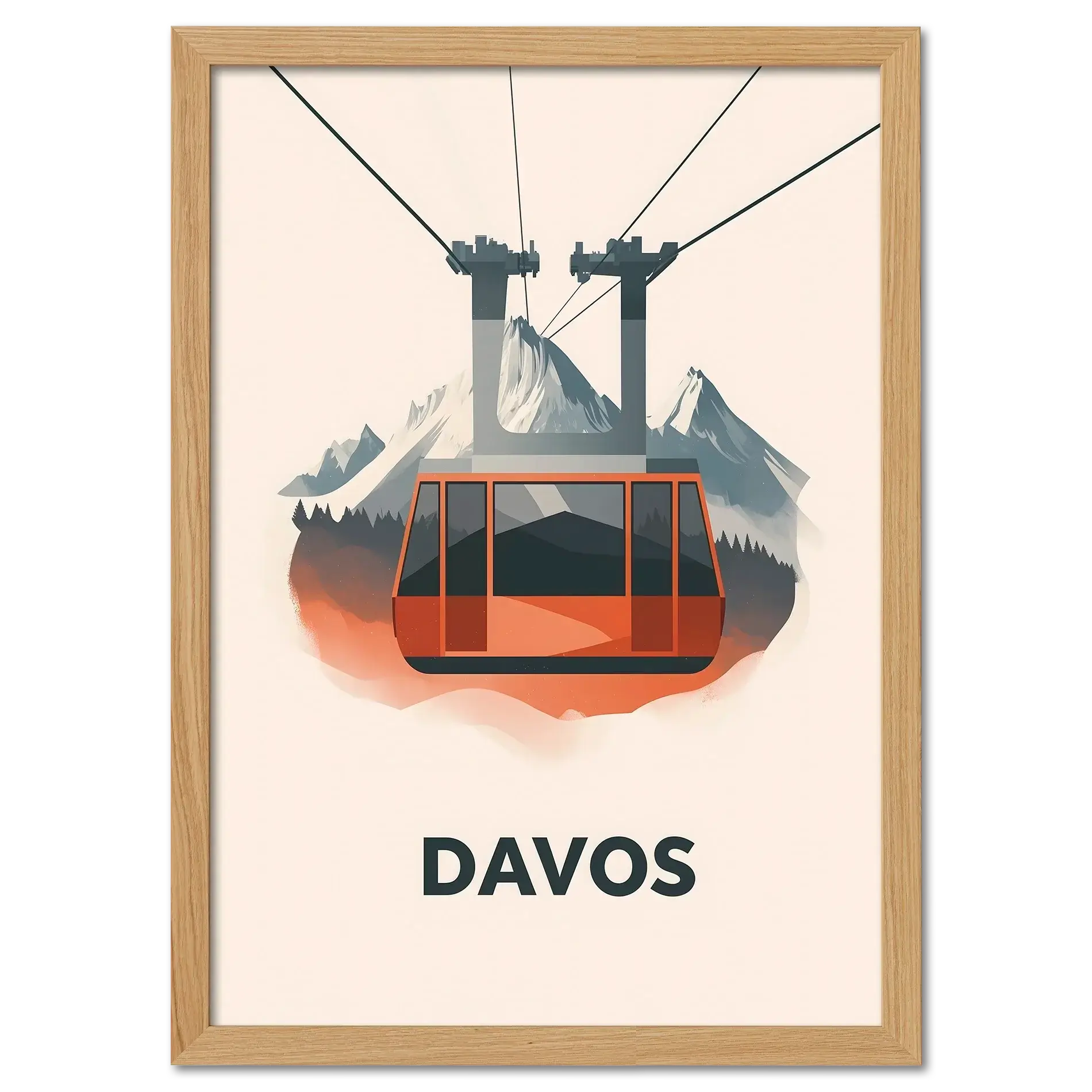 Winter Elegance of Davos - Poster featuring a bold cable car above Alpine mountains.