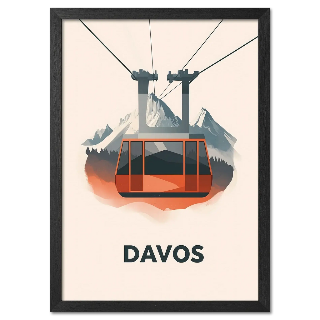 Winter Elegance of Davos - Poster featuring a bold red cable car above a mountain landscape.
