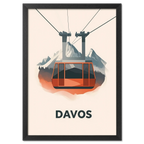 Winter Elegance of Davos - Poster featuring a bold red cable car above a mountain landscape.