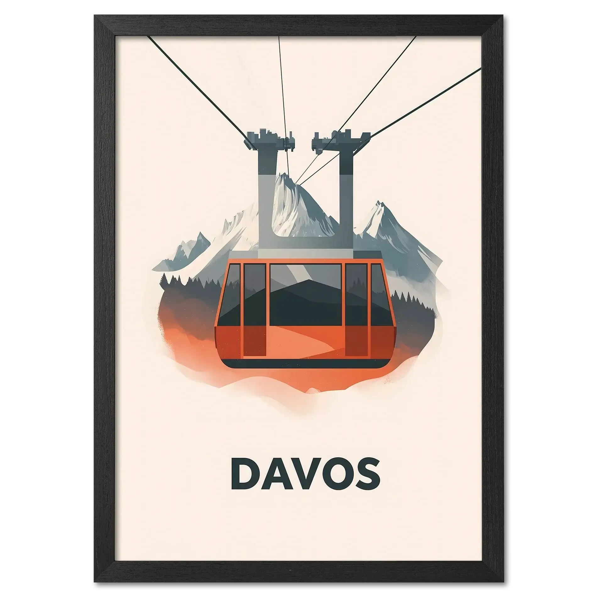 Winter Elegance of Davos - Poster featuring a bold red cable car above a mountain landscape.