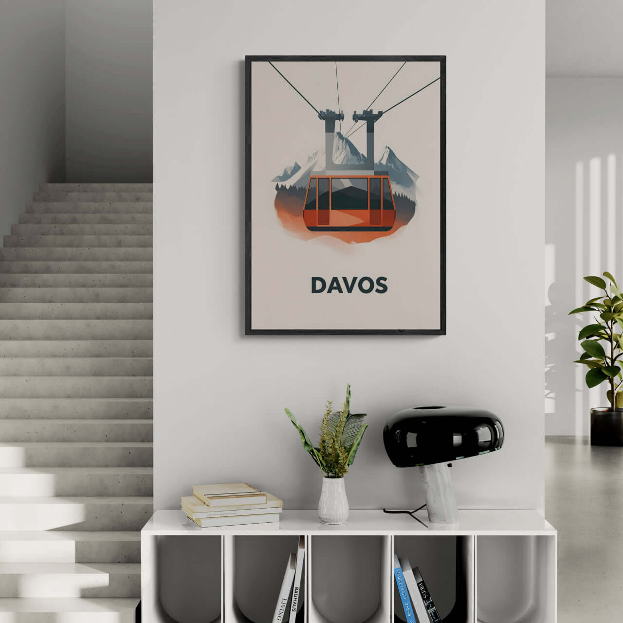 Winter Elegance of Davos - Poster featuring a cable car with vintage tones and minimalist design, perfect wall art.