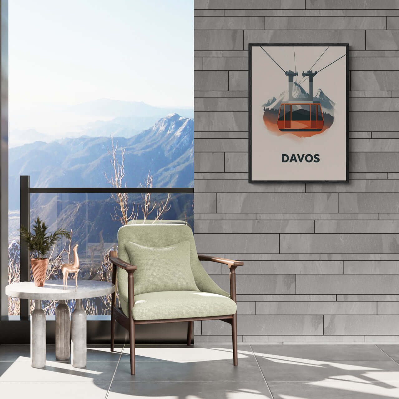 Winter Elegance of Davos - Poster featuring a red cable car over alpine landscapes, a chic wall art for modern decor.