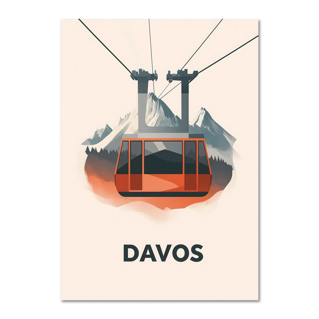 Winter Elegance of Davos - Poster featuring a bold red cable car over alpine peaks and forests.