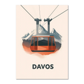 Winter Elegance of Davos - Poster featuring a bold red cable car over alpine peaks and forests.