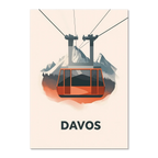 Winter Elegance of Davos - Poster featuring a bold red cable car over alpine peaks and forests.