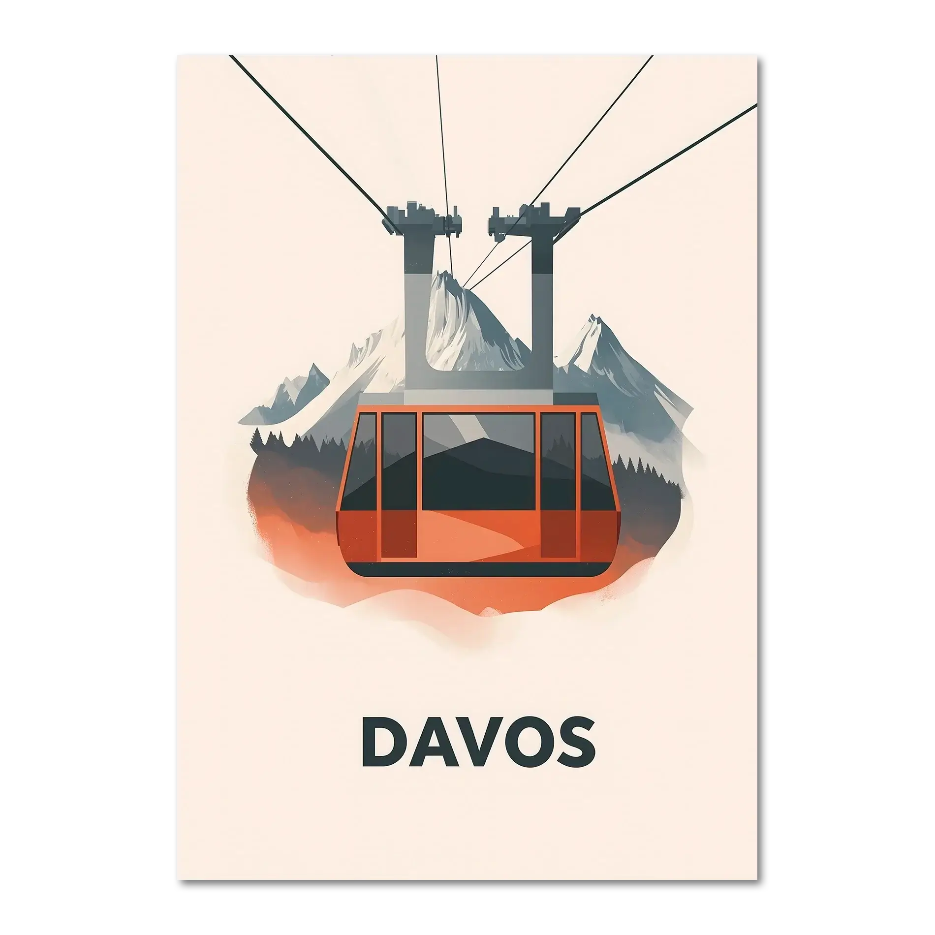 Winter Elegance of Davos - Poster featuring a bold red cable car over alpine peaks and forests.