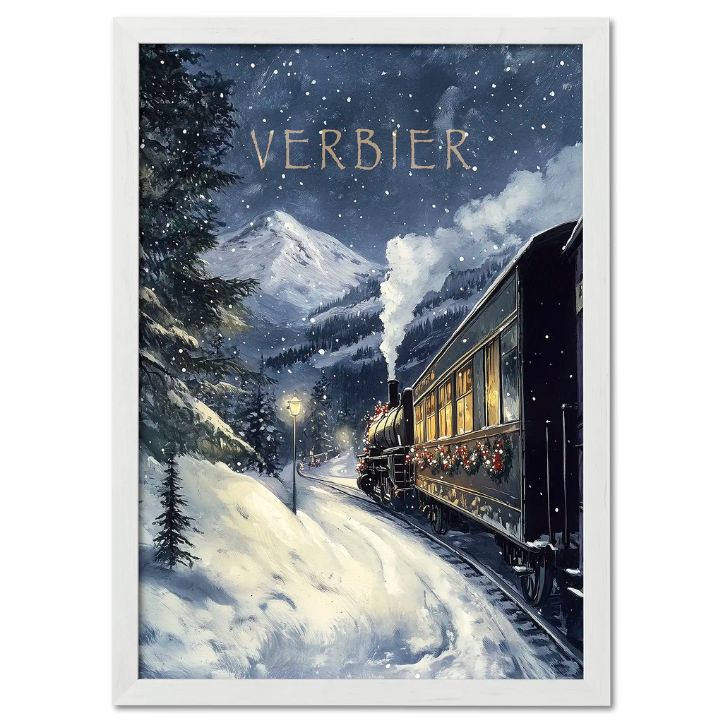 Winter Journey - Poster featuring a vintage steam train in snowy Verbier landscape with festive charm.