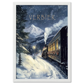 Winter Journey - Poster featuring a vintage steam train in snowy Verbier landscape with festive charm.