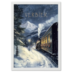 Winter Journey - Poster featuring a vintage steam train in snowy Verbier landscape with festive charm.