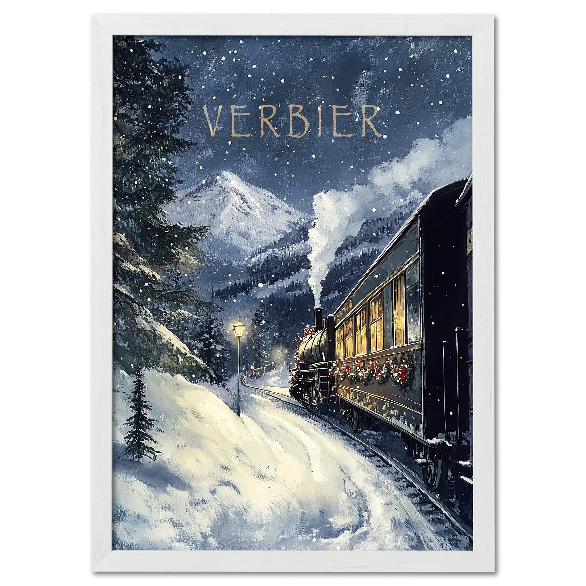 Winter Journey - Poster featuring a vintage steam train in snowy Verbier landscape with festive charm.