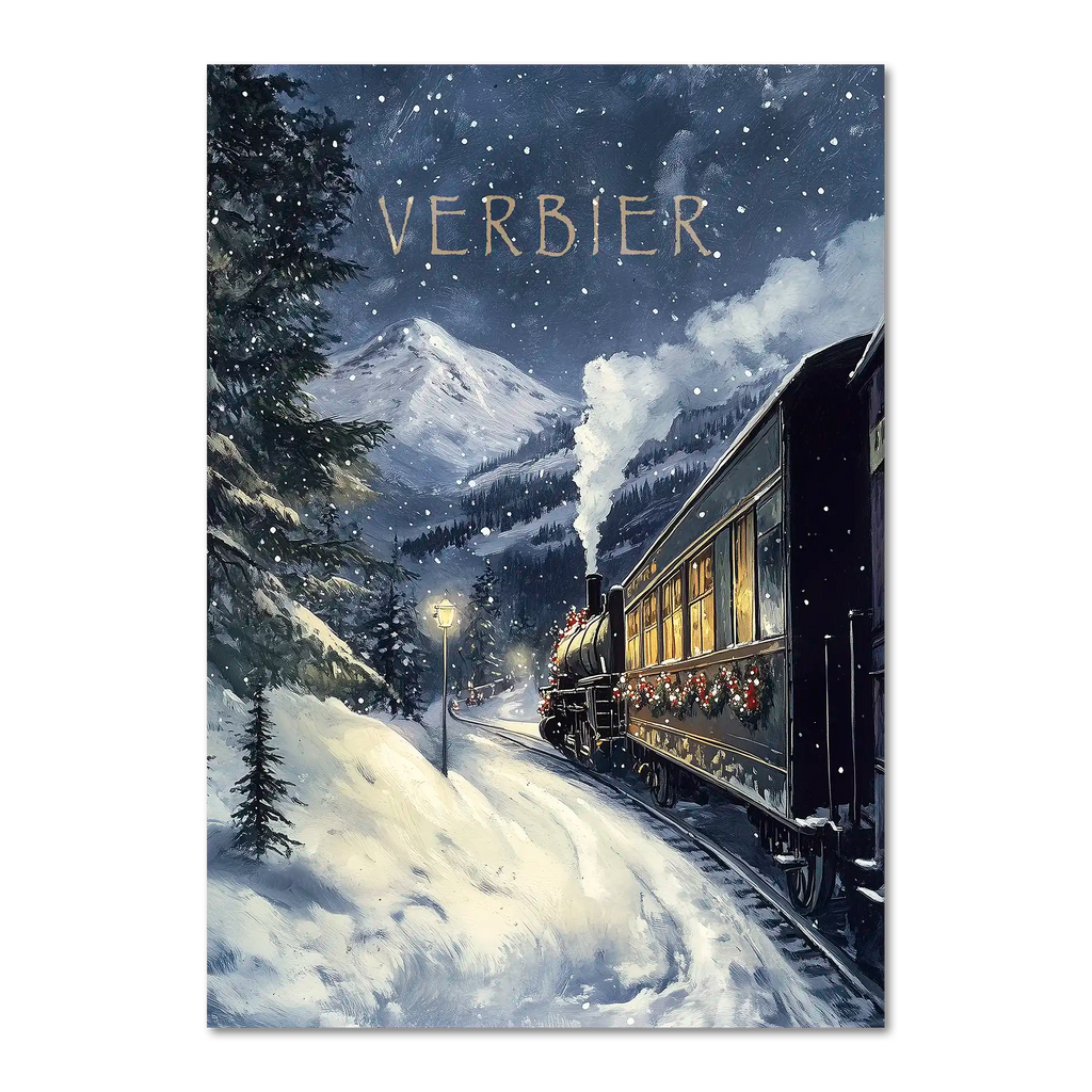 Winter Journey - Poster featuring a vintage steam train in Verbier, surrounded by snowy landscapes and festive charm.