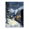 Winter Journey - Poster featuring a vintage steam train in Verbier, surrounded by snowy landscapes and festive charm.