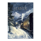 Winter Journey - Poster featuring a vintage steam train in Verbier, surrounded by snowy landscapes and festive charm.