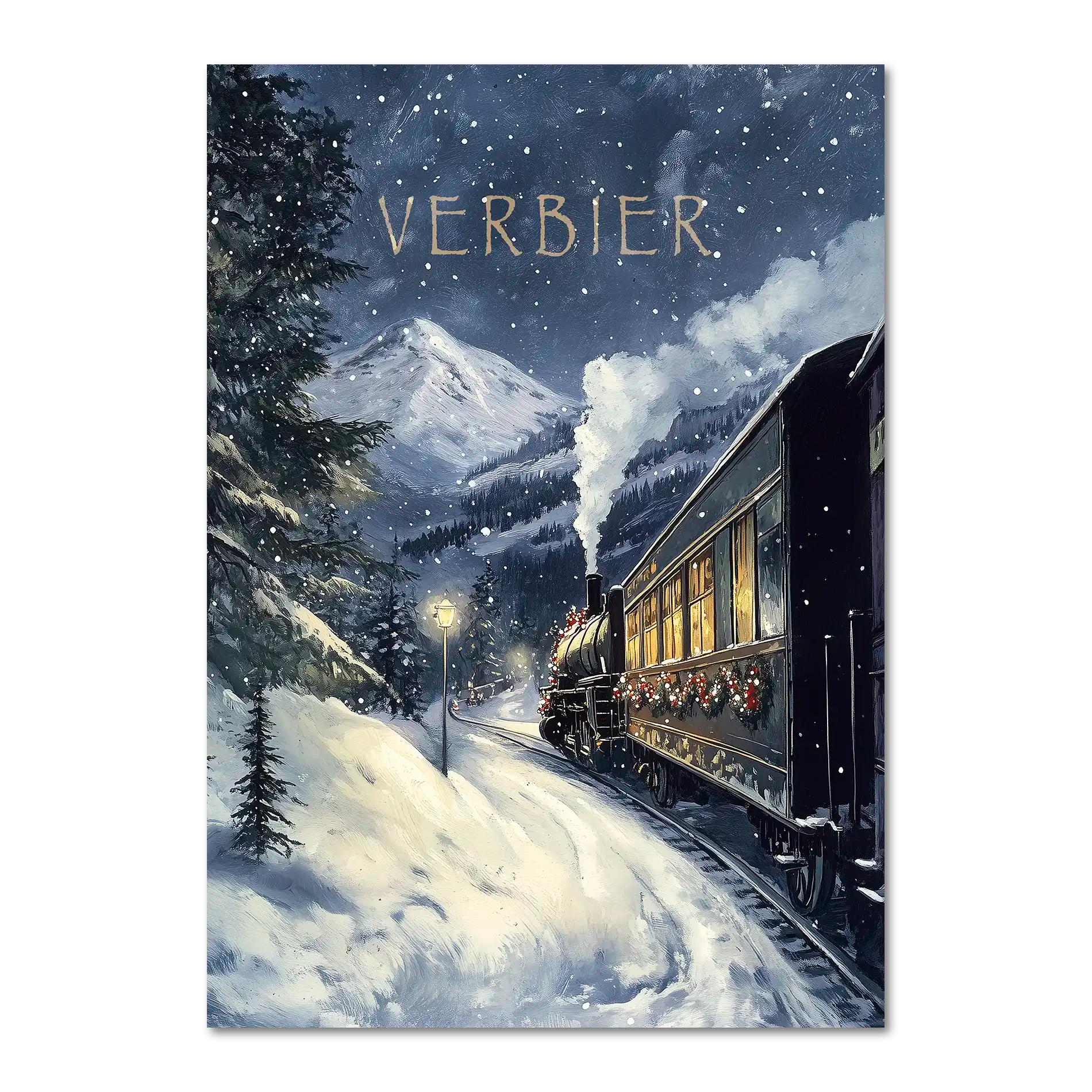 Winter Journey - Poster featuring a vintage steam train in Verbier, surrounded by snowy landscapes and festive charm.