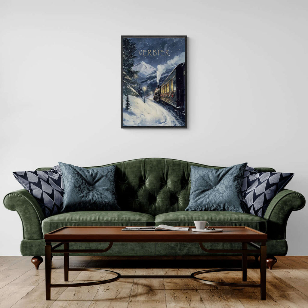 Winter Journey - Poster featuring a vintage steam train in a cozy living room setting, perfect for wall art.