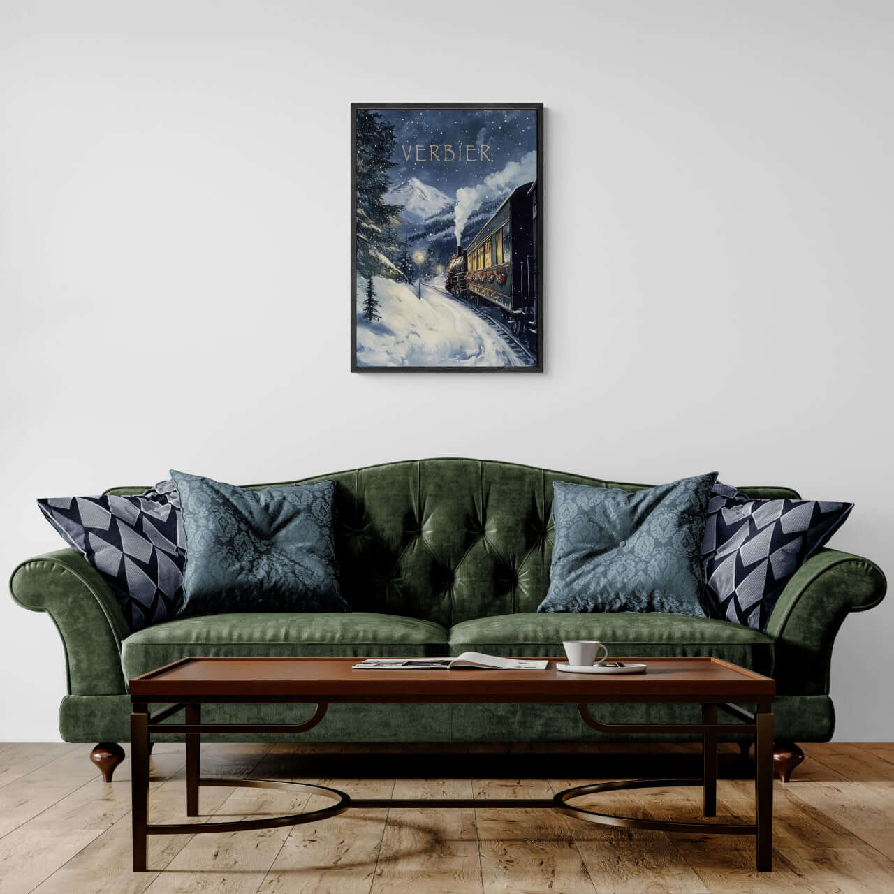 Winter Journey - Poster featuring a vintage steam train in a cozy living room setting, perfect for wall art.