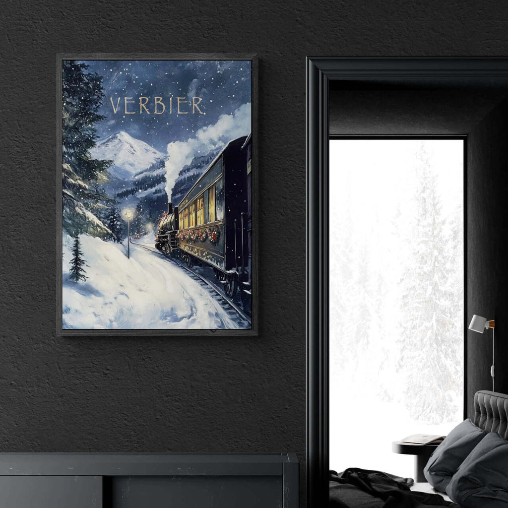 Winter Journey - Poster featuring a vintage steam train in snowy Verbier, perfect wall art for cozy spaces.