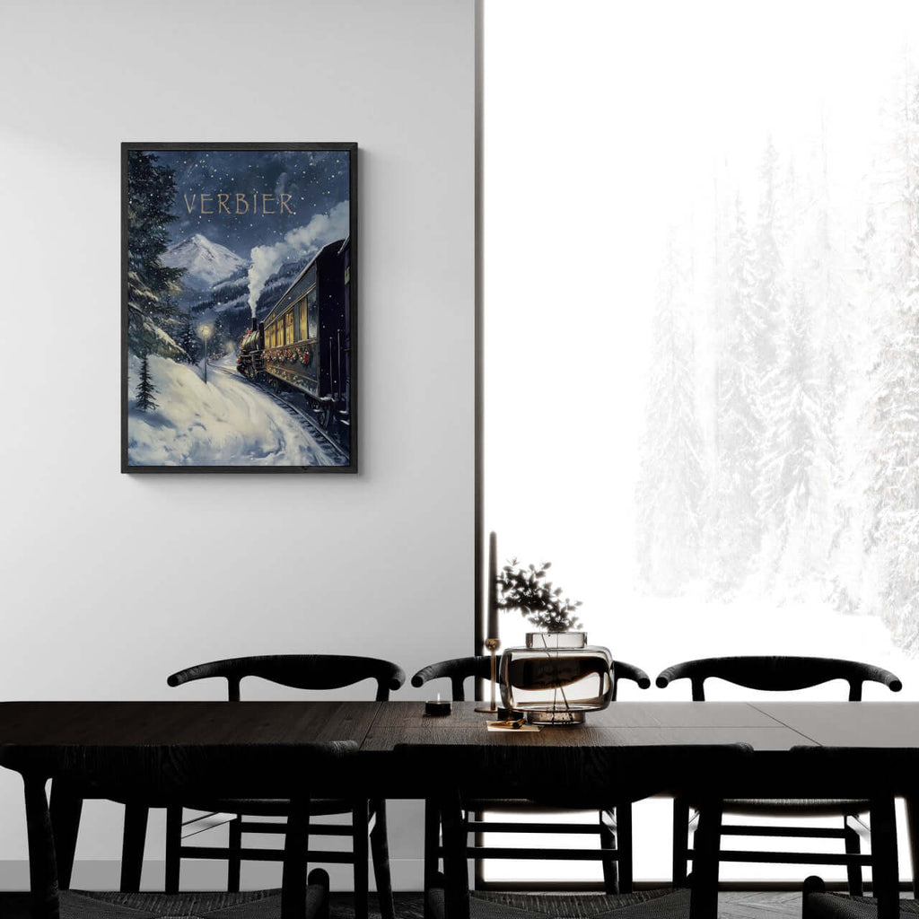 Winter Journey - Poster displaying a vintage steam train in a snowy Verbier setting, perfect wall art for cozy living spaces.