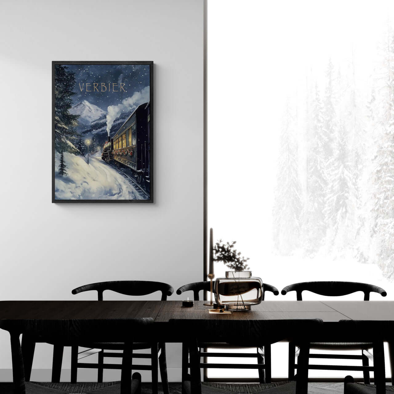 Winter Journey - Poster displaying a vintage steam train in a snowy Verbier setting, perfect wall art for cozy living spaces.