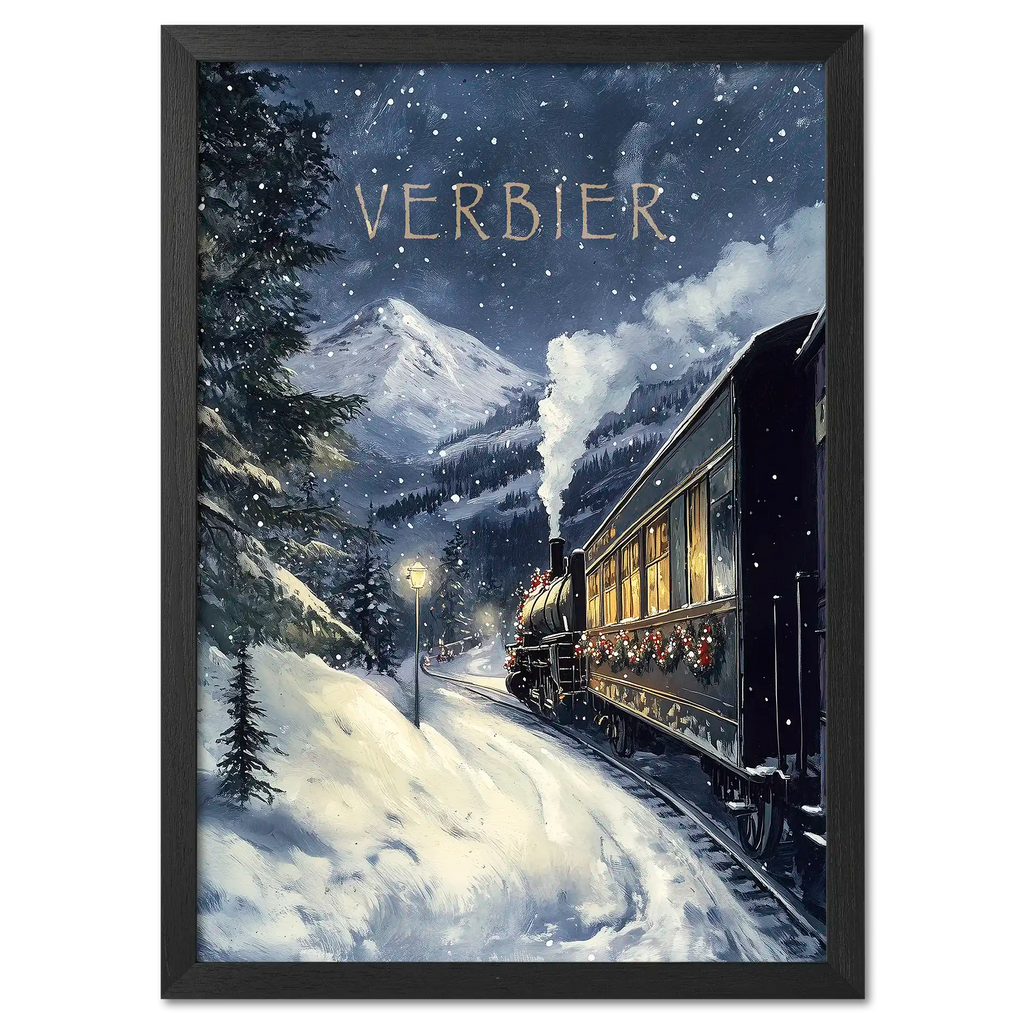 Winter Journey - Poster featuring a vintage steam train in Verbier's snowy landscape with holiday garlands.