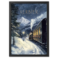 Winter Journey - Poster featuring a vintage steam train in Verbier's snowy landscape with holiday garlands.