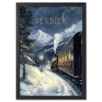 Winter Journey - Poster featuring a vintage steam train in Verbier's snowy landscape with holiday garlands.