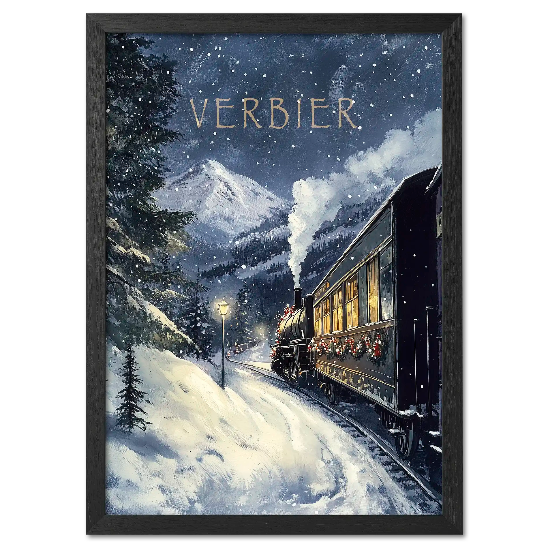 Winter Journey - Poster featuring a vintage steam train in Verbier's snowy landscape with holiday garlands.