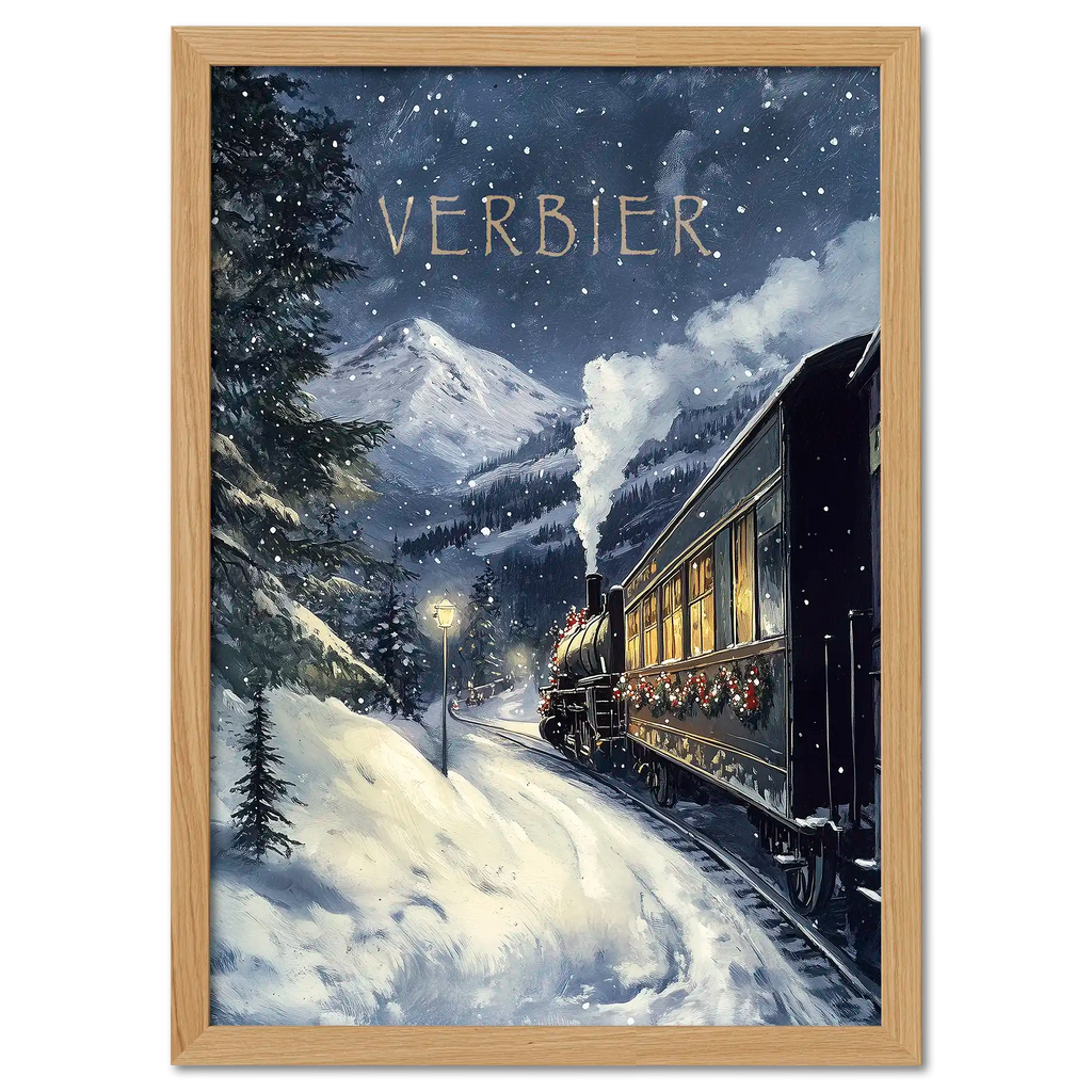Winter Journey - Poster featuring a vintage steam train in Verbier's snowy landscape with festive charm.